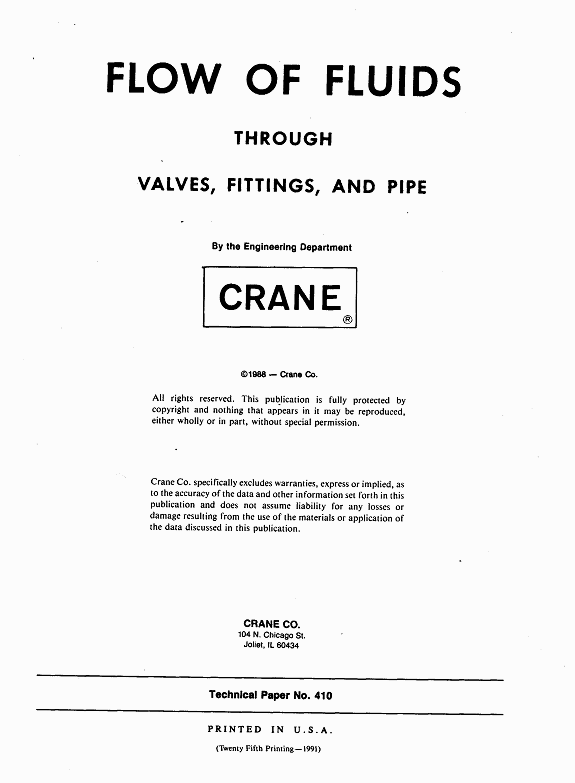 The title page of Flow of Fluids through Valves, FIttings, and Pipe by Crane.